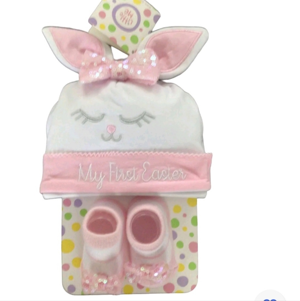 Little Me “My First Easter” Hat And Bootie Set 0-12 Mo. New With Tags Pink White - Picture 4 of 10